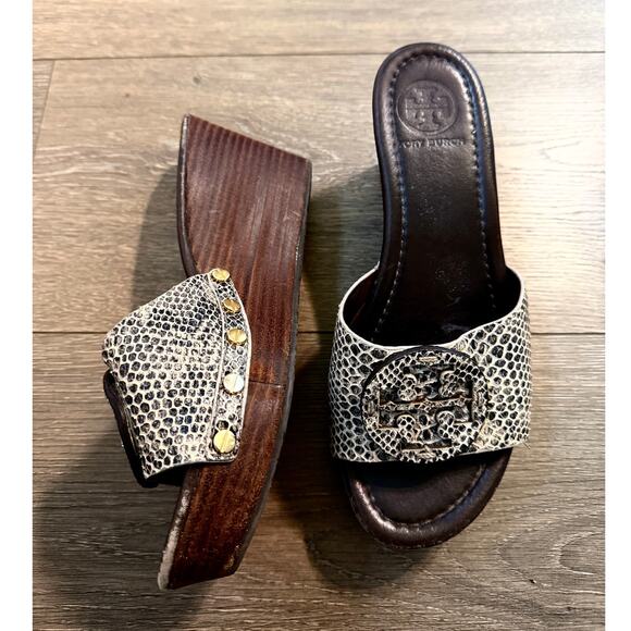 Tory Burch Snake Print Open Toe‎ Wedge Sandal 6M - Picture 1 of 7